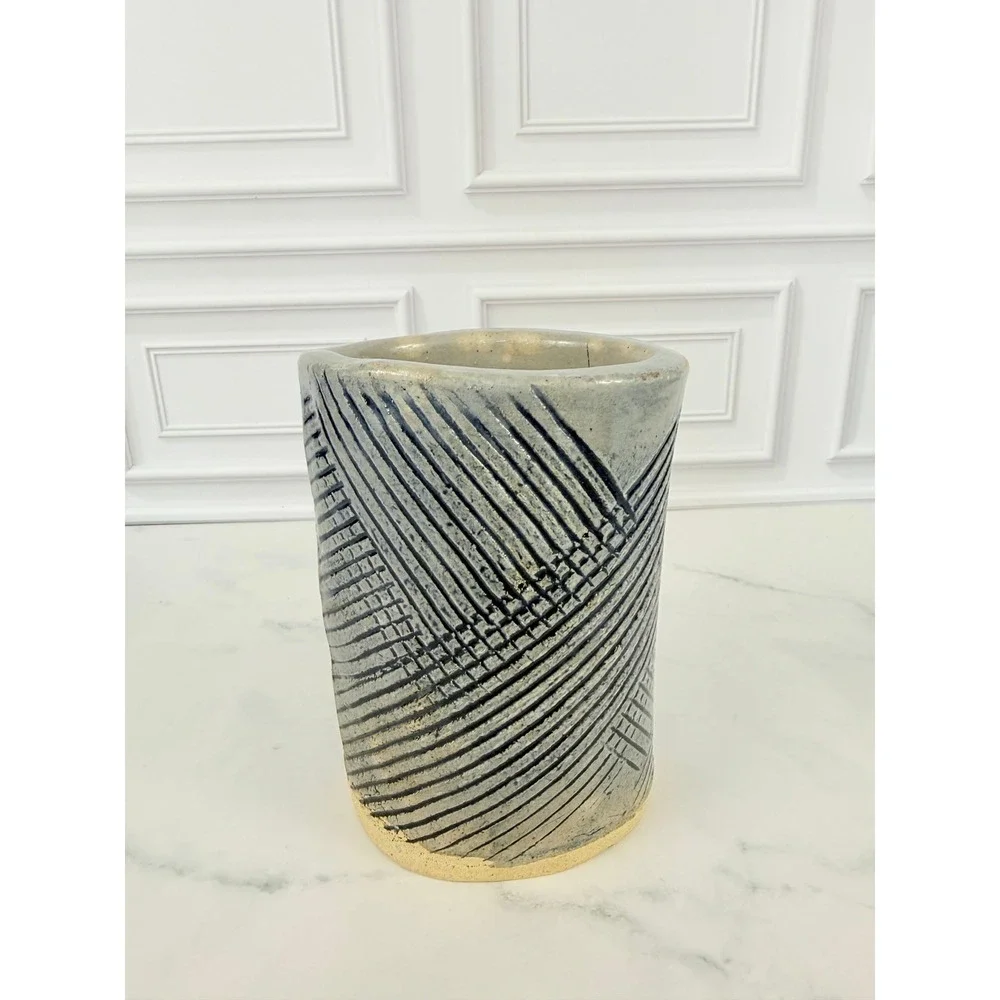 VTG Studio Pottery Vase Blue Heavy Slab Style Geometric Design 5 1/2
